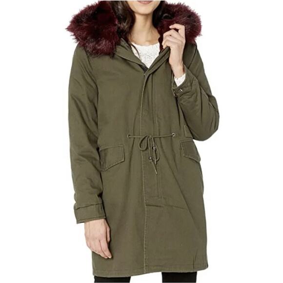 Avec Les Filles Hooded Green Denim Jacket Coat Removable Faux Fur